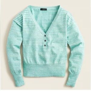 J. Crew | Green & White Striped Wide V-neck Henley Sweater